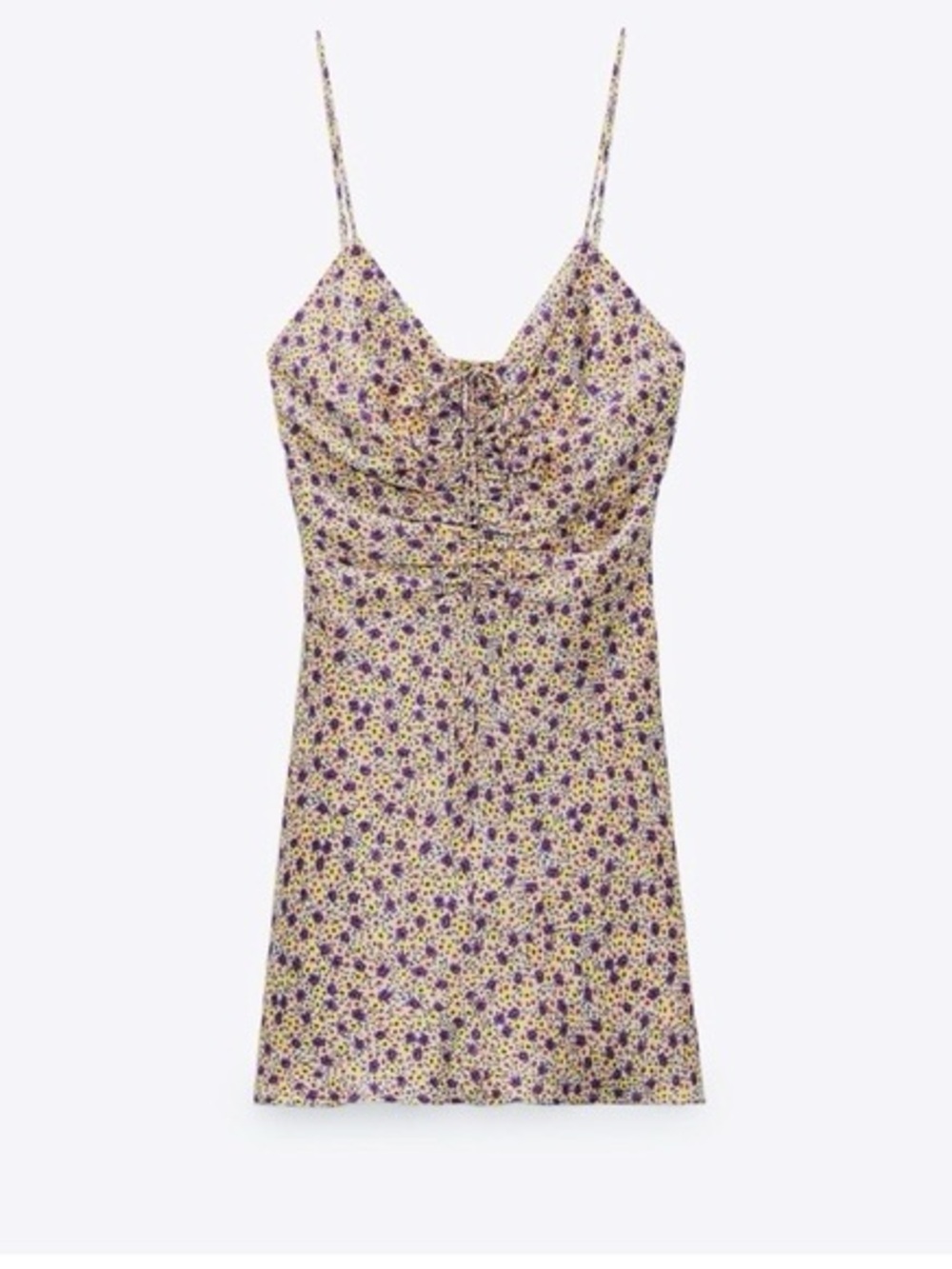 Zara Floral Ruched Spaghetti Strap Mini Dress Large NWT Purple Yellow